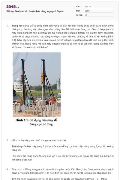 Bài tập Bảo toàn và chuyển hóa năng lượng có đáp án