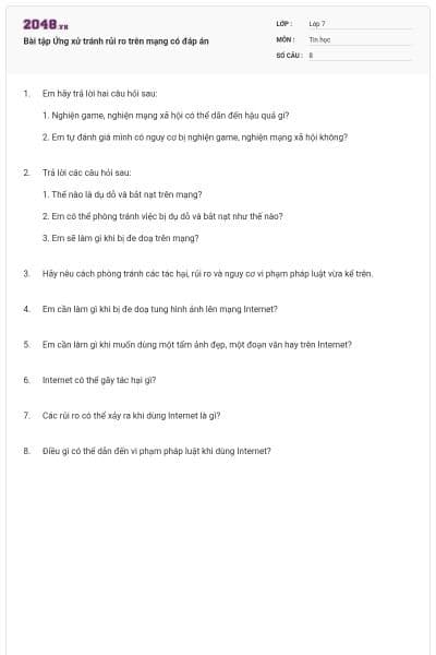Bài tập Ứng xử tránh rủi ro trên mạng có đáp án