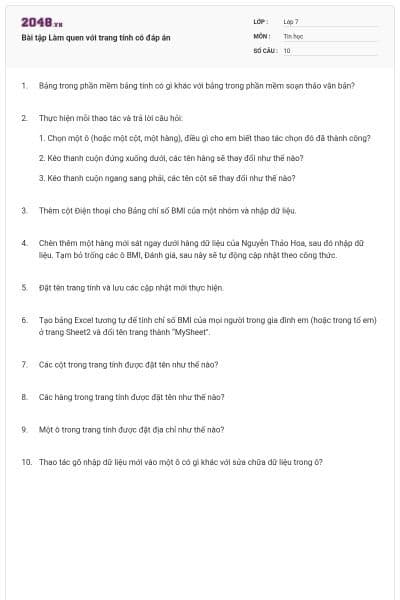 Bài tập Làm quen với trang tính có đáp án