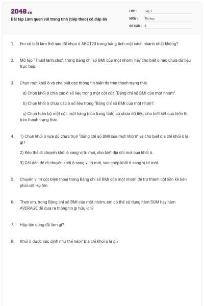 Bài tập Làm quen với trang tính (tiếp theo) có đáp án