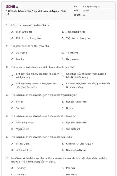 1000+ câu Trắc nghiệm Y học cổ truyền có đáp án - Phần 12