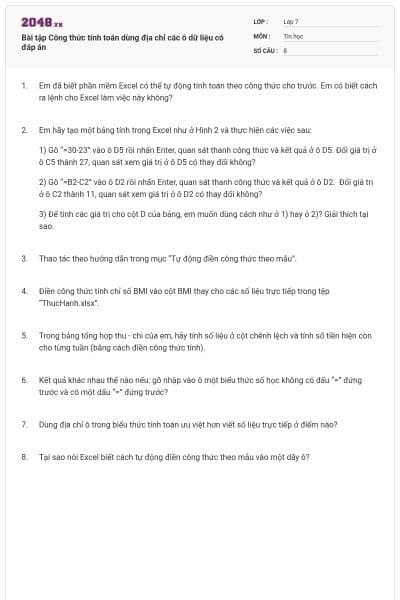 Bài tập Công thức tính toán dùng địa chỉ các ô dữ liệu có đáp án