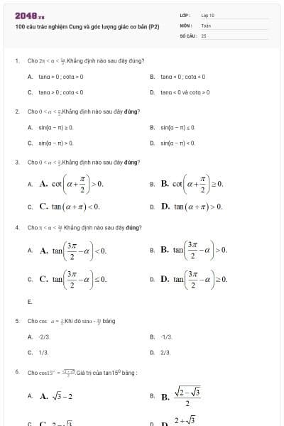 100 câu trắc nghiệm Cung và góc lượng giác cơ bản (P2)
