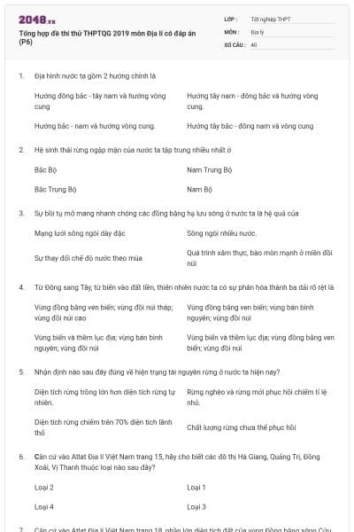 Tổng hợp đề thi thử THPTQG 2019 môn Địa lí có đáp án (P6)