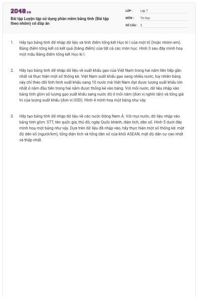 Bài tập Luyện tập sử dụng phần mềm bảng tinh (Bài tập theo nhóm) có đáp án