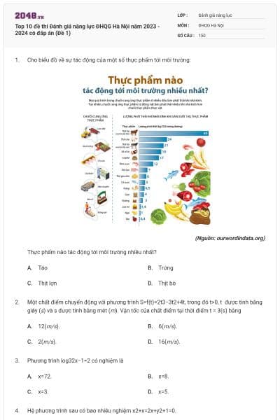 Top 10 đề thi Đánh giá năng lực ĐHQG Hà Nội năm 2023 - 2024 có đáp án (Đề 1)