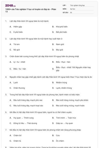 1000+ câu Trắc nghiệm Y học cổ truyền có đáp án - Phần 13