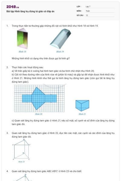 Bài tập Hình lăng trụ đứng tứ giác có đáp án