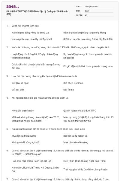Đề thi thử THPT QG 2019 Môn Địa Lý Ôn luyện đề thi mẫu (P9)