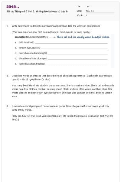 Bài tập Tiếng anh 7 Unit 2. Writing Worksheets có đáp án