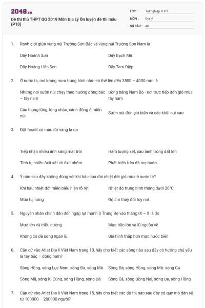 Đề thi thử THPT QG 2019 Môn Địa Lý Ôn luyện đề thi mẫu (P10)