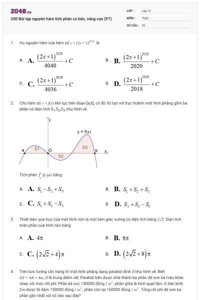 200 Bài tập nguyên hàm tích phân cơ bản, nâng cao (P7)