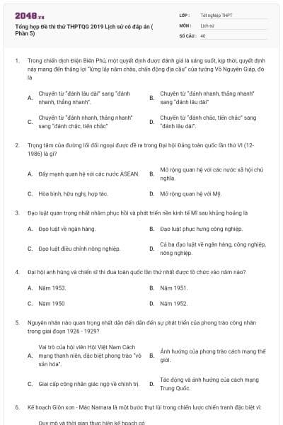 Tổng hợp Đề thi thử THPTQG 2019 Lịch sử có đáp án ( Phần 5)