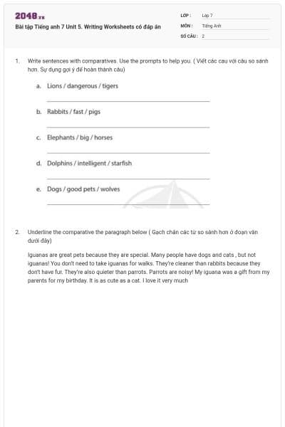 Bài tập Tiếng anh 7 Unit 5. Writing Worksheets có đáp án