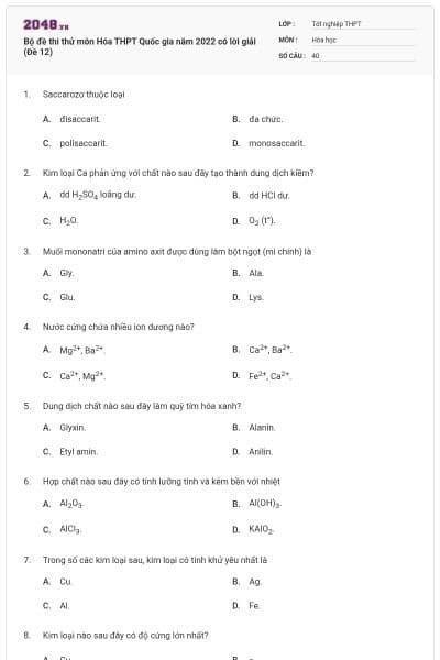 Bộ đề thi thử môn Hóa THPT Quốc gia năm 2022 có lời giải (Đề 12)