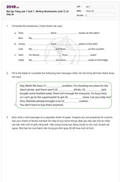 Bài tập Tiếng anh 7 Unit 7. Writing Worksheets (unit 7) có đáp án