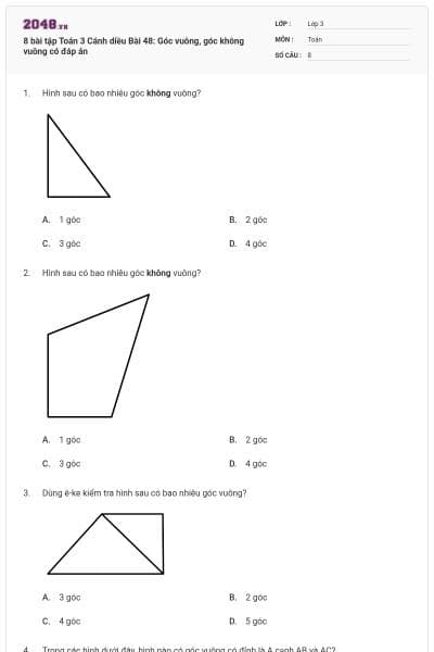 8 bài tập Toán 3 Cánh diều Bài 48: Góc vuông, góc không vuông có đáp án