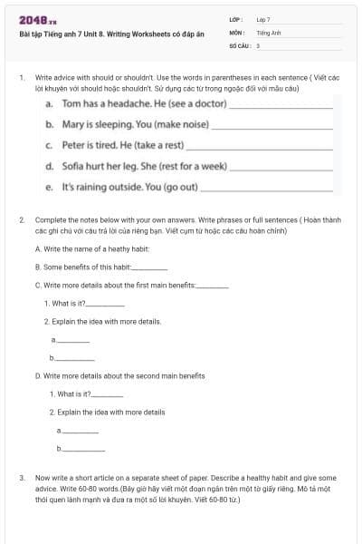 Bài tập Tiếng anh 7 Unit 8. Writing Worksheets có đáp án