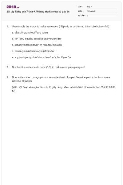 Bài tập Tiếng anh 7 Unit 9. Writing Worksheets có đáp án