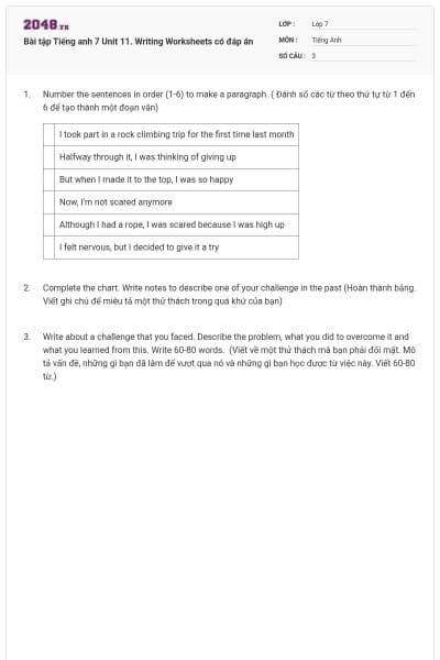 Bài tập Tiếng anh 7 Unit 11. Writing Worksheets có đáp án