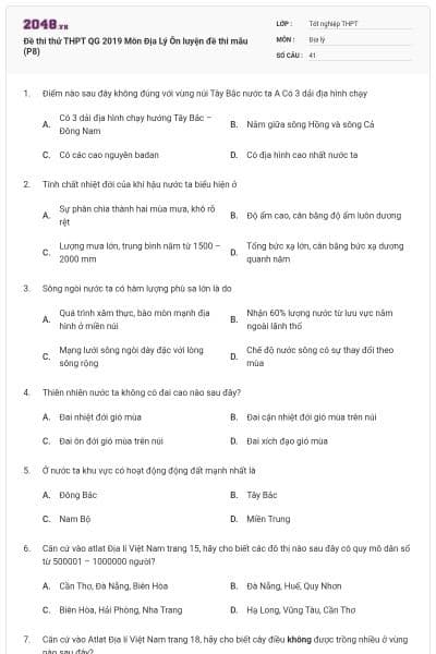 Đề thi thử THPT QG 2019 Môn Địa Lý Ôn luyện đề thi mẫu (P8)
