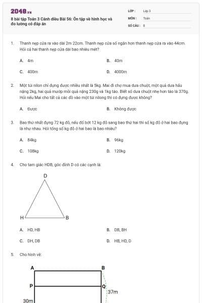 8 bài tập Toán 3 Cánh diều Bài 56: Ôn tập về hình học và đo lường có đáp án