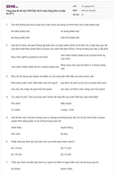 Tổng hợp đề thi thử THPTQG 2019 môn Công Dân có đáp án (P1)
