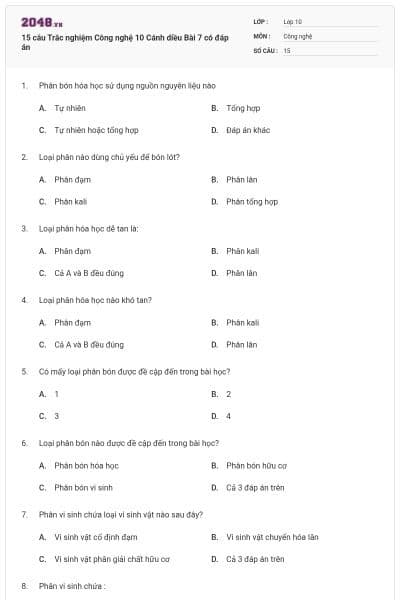 15 câu Trắc nghiệm Công nghệ 10 Cánh diều Bài 7 có đáp án