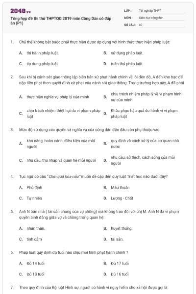 Tổng hợp đề thi thử THPTQG 2019 môn Công Dân có đáp án (P1)