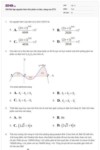 200 Bài tập nguyên hàm tích phân cơ bản, nâng cao (P7)