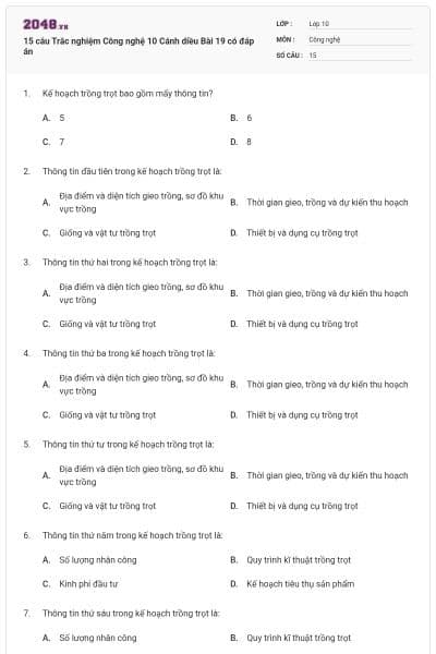 15 câu Trắc nghiệm Công nghệ 10 Cánh diều Bài 19 có đáp án