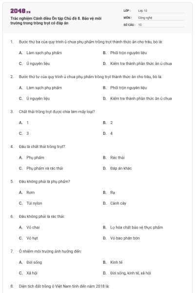 Trắc nghiệm Cánh diều Ôn tập Chủ đề 8. Bảo vệ môi trường trong trồng trọt có đáp án
