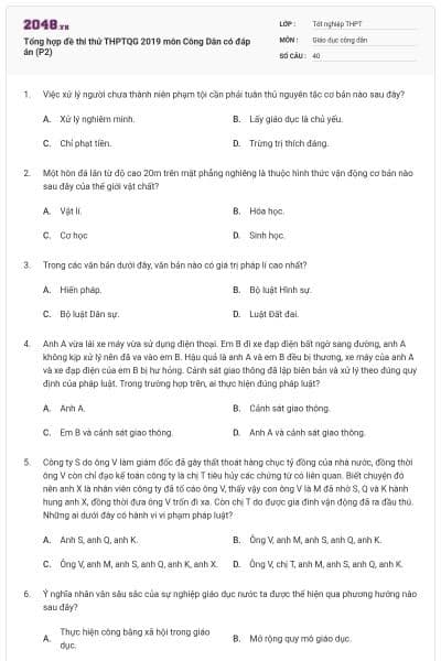 Tổng hợp đề thi thử THPTQG 2019 môn Công Dân có đáp án (P2)