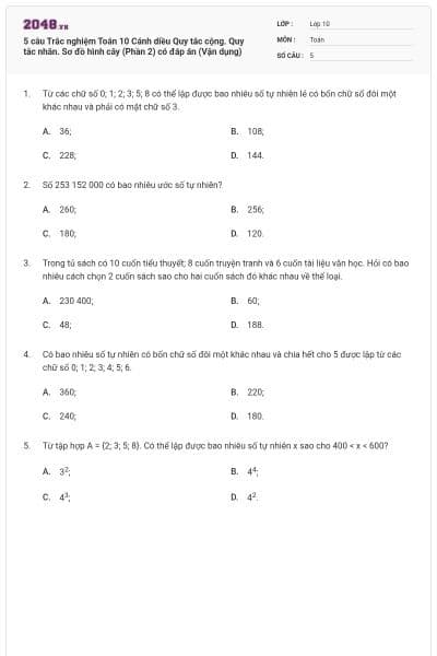 5 câu Trắc nghiệm Toán 10 Cánh diều Quy tắc cộng. Quy tắc nhân. Sơ đồ hình cây (Phần 2) có đáp án (Vận dụng)