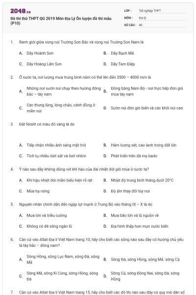 Đề thi thử THPT QG 2019 Môn Địa Lý Ôn luyện đề thi mẫu (P10)