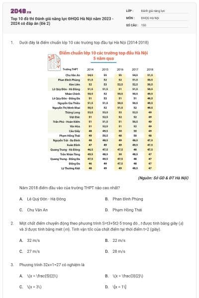 Top 10 đề thi Đánh giá năng lực ĐHQG Hà Nội năm 2023 - 2024 có đáp án (Đề 2)