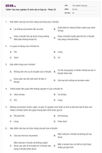 1300+ Câu trắc nghiệm Vi sinh vật có đáp án - Phần 23