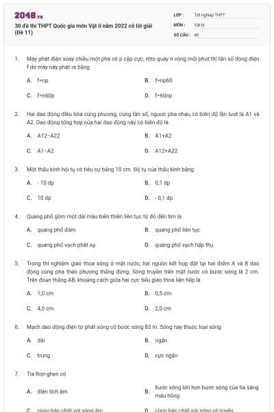 30 đề thi THPT Quốc gia môn Vật lí năm 2022 có lời giải (Đề 11)
