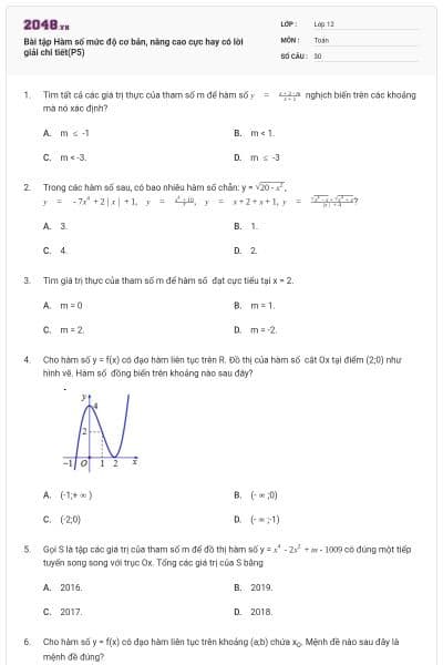 Bài tập Hàm số mức độ cơ bản, nâng cao cực hay có lời giải chi tiết(P5)