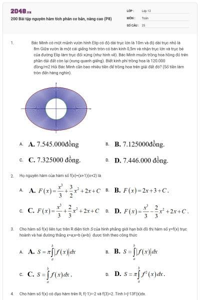 200 Bài tập nguyên hàm tích phân cơ bản, nâng cao (P8)