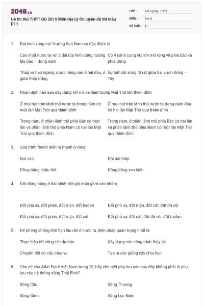 Đề thi thử THPT QG 2019 Môn Địa Lý Ôn luyện đề thi mẫu P11