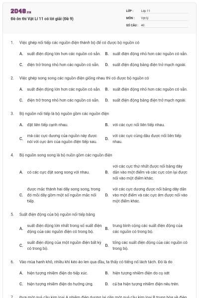 Đề ôn thi Vật Lí 11 có lời giải (Đề 9)