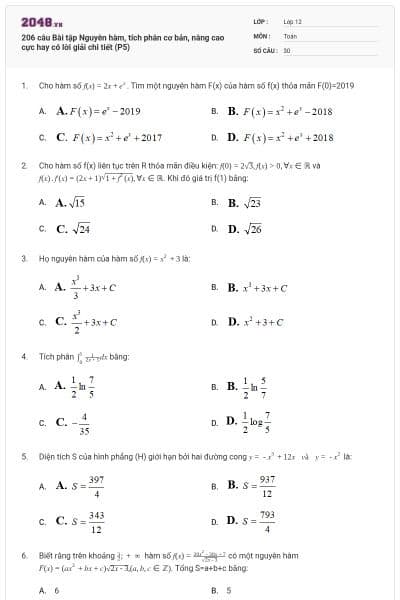 206 câu Bài tập Nguyên hàm, tích phân cơ bản, nâng cao cực hay có lời giải chi tiết (P5)