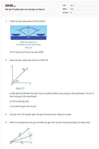 Bài tập Tia phân giác của một góc có đáp án