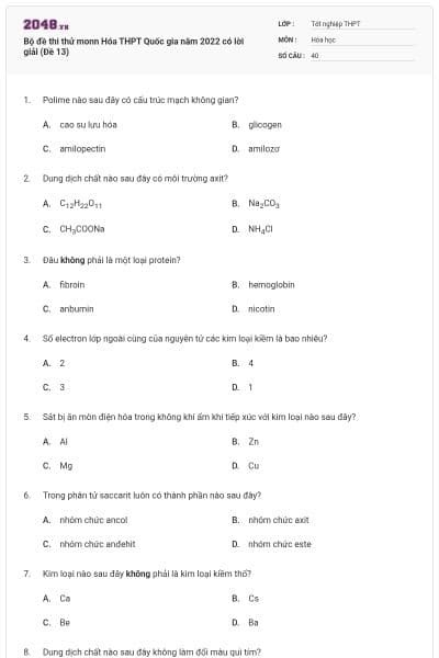 Bộ đề thi thử monn Hóa THPT Quốc gia năm 2022 có lời giải (Đề 13)