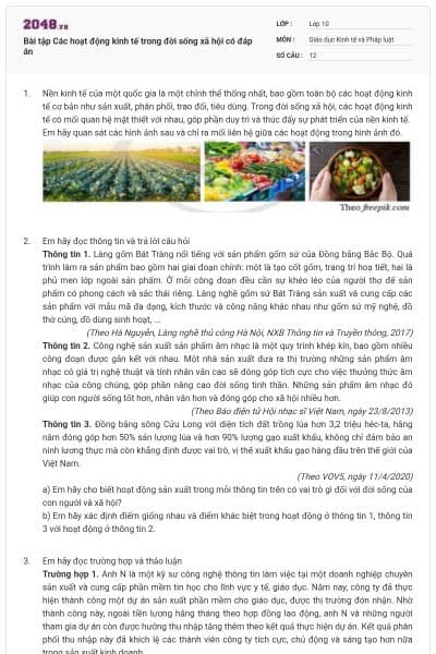 Bài tập Các hoạt động kinh tế trong đời sống xã hội có đáp án