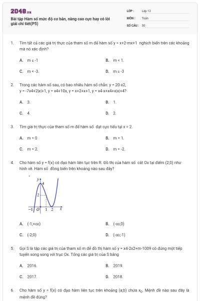 Bài tập Hàm số mức độ cơ bản, nâng cao cực hay có lời giải chi tiết(P5)