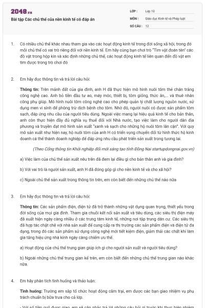 Bài tập Các chủ thể của nền kinh tế có đáp án