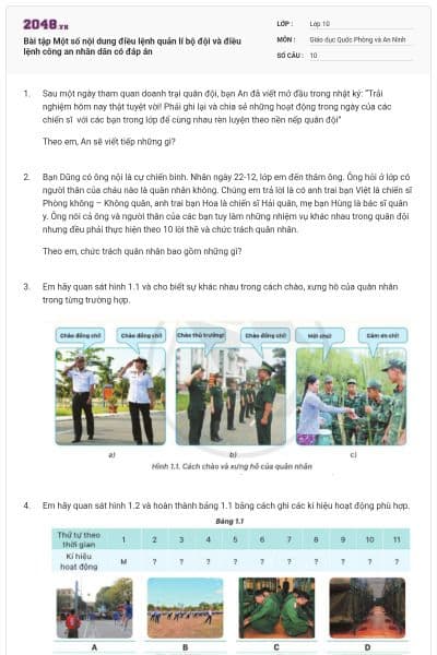 Bài tập Một số nội dung điều lệnh quản lí bộ đội và điều lệnh công an nhân dân có đáp án