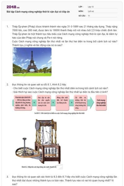 Bài tập Cách mạng công nghiệp thời kì cận đại có đáp án